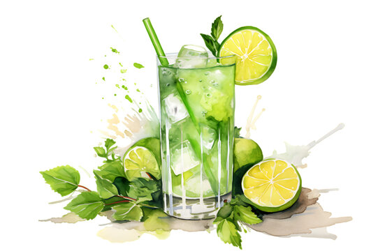 Glass with mojito, green lime drink watercolor illustration isolated on transparent background