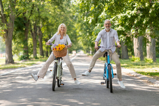 Portrait of happy senior couple riding bicycles at summer park
