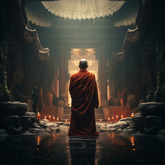 Buddhist monk in a Buddhist temple. Generative AI.