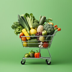 Shopping cart with vegetables and fruits. Generative AI.