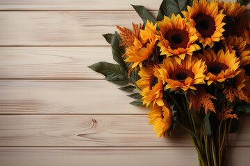 Fototapeta premium Greeting card design with Sunflowers on white wooden background. Frame for text with flowers of sunflowers. Top view. Copy space