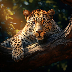 Leopard up a tree. Generative AI.