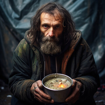 Homeless with a donated plate of food. Generative AI.