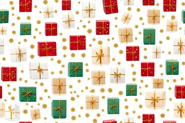 Mix Christmas Gift boxes with ribbons in red, green and gold color on white background, seamless pattern
