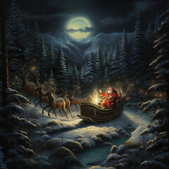 Obraz premium Santa Claus in his reindeer sleigh. Santa's sleigh. Generative AI.