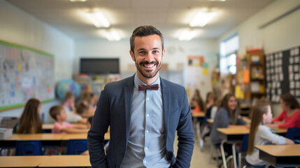 Portrait of happy male teacher in classroom in front of pupils