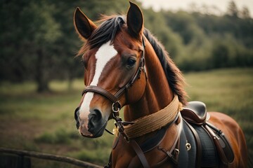 Obraz premium A majestic brown horse standing next to a rustic wooden fence