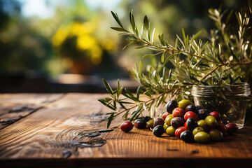 Wooden Table with Olives Fruits and free space on nature blurred background