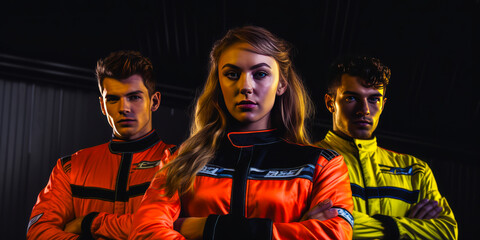Impressive image of fearless woman in race suit, flanked by supportive men holding a racecar tire. Demonstrates teamwork with vibrant racing stripe background.