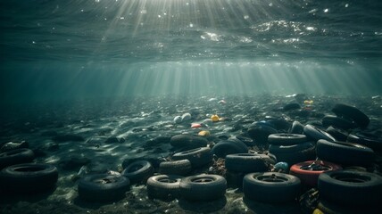 Obraz premium Garbage and rubbish at the bottom of the sea. Plastic bottles and car tires at the bottom of the sea. Environmental protection, separate collection. Global warming. Not civilization. AI generative.