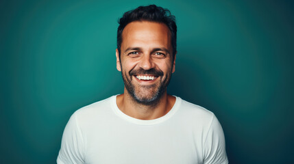 Fototapeta premium Man standing in front of camera in white T-shirt , isolated on blue background