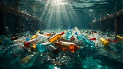 Garbage and rubbish at the bottom of the sea. Plastic bottles and car tires at the bottom of the sea. Environmental protection, separate collection. Global warming. Not civilization. AI generative.