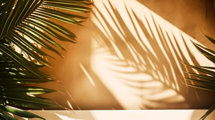 Tropical background for a product placement, palm tree leaves and sunlight shadows on the wall, minimalistic botanical backdrop, palms on a hot sunny day, generative ai
