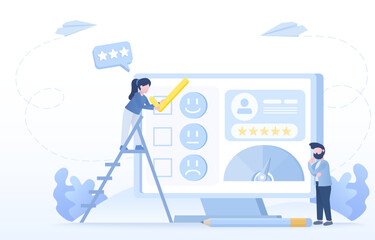 Feedback, customer satisfaction and reaction concept. Business people holding check mark to express opinions about products and services. Flat vector design illustration.