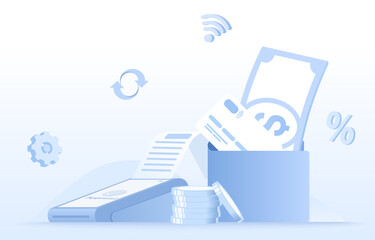 Easy payment concept. Elements of EDC machine, NFC (Near field communication), E-commerce, money transfer, currency exchange, digital wallet. Flat vector design illustration.