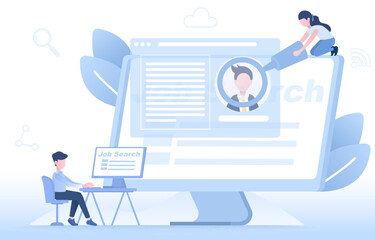 Human resource management and employee hiring concept. Choose from resume, curriculum vitae (CV), interview. Job search, recruitment, work position, find opportunity. Flat vector design illustration.