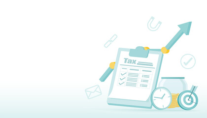 Payment tax concept. Tax calculate, tax return, deduction, payment, filling form and apply submit annual process. Financial accounting records, report earning and VAT management. Vector illustration.