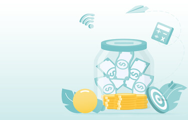 Saving money, deposit, financial management, accumulation concept. Money management, budget, saving planning, spending, goals, startup business. Flat vector design illustration with copy space.