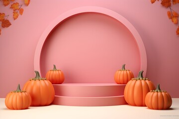 Obraz premium Round Plaster Podium 3D Halloween Presentation Decor for Holiday Marketing Pink Pastel Background