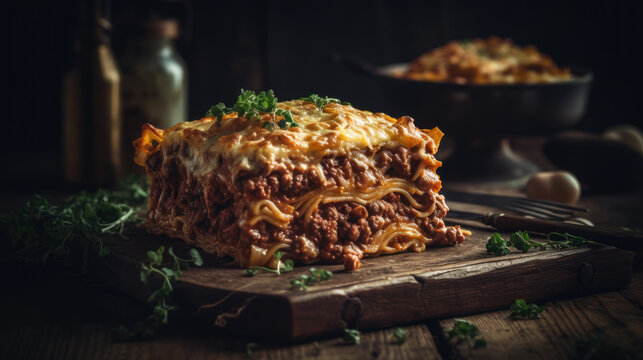 A picture of Italian lasagna with Bolognese sauce and minced beef meat on a dark wooden background.