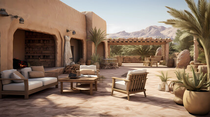 outdoor patio with sand-colored tiles