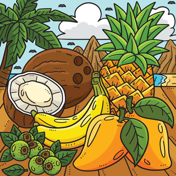 Summer Tropical Fruits Colored Cartoon 