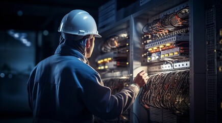 electrican working in a factory, worker with helmet, electrical worker in action