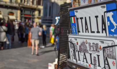 Souvenirs in Italy. Souvenirs for sale in Florence. License plates with the inscription Italy.