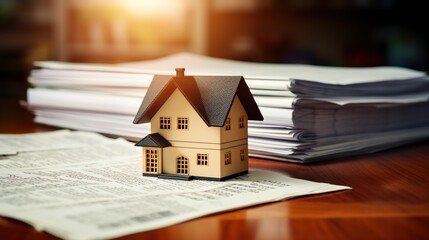 Mortgage Document Stack with Pen, House Model, generative Ai