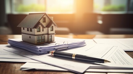 Mortgage Document Stack with Pen, House Model, generative Ai