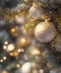 Christmas background with snow, shiny balls and fir branches. AI
