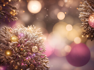 Fototapeta na wymiar Christmas background with snow, shiny balls and fir branches. AI 