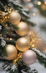 Fototapeta na wymiar Christmas background with snow, shiny balls and fir branches. AI 