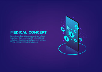 Medical smartphone application. Hospital consult service. Abstract science technology banner vector graphic