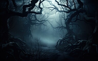 Spooky Halloween background with dark tangled trees and fog