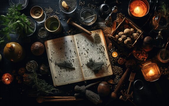 Halloween flat lay featuring a spellbook, potion ingredients, and mystical objects arranged on a dark background