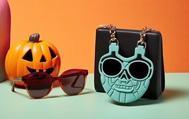 Modern Halloween background with pumpkin, handbag, and sunglasses