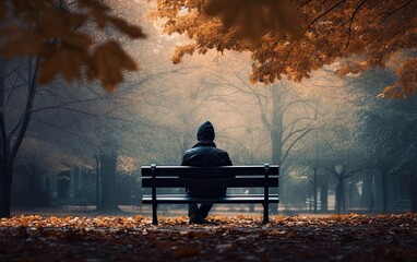Person sitting alone in a bench in a park in autumn time - Powered by Adobe