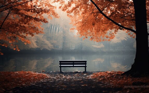Empty bench in a park in autumn time