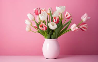 Tulip flowers in a vase isolated on a pastel pink background	