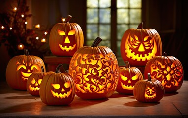 Fototapeta premium Carved Halloween pumpkins with lights on a wooden surface