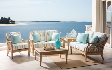 Coastal interior sitting area with wooden furniture and decor