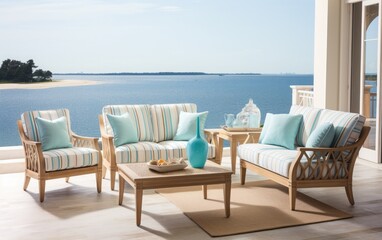 Obraz premium Coastal interior sitting area with wooden furniture and decor