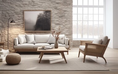 Scandinavian modern living room with sofa and wooden furniture