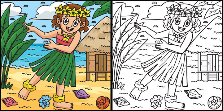 Summer Girl in Hula Outfit Coloring Illustration
