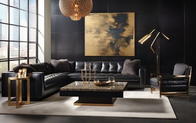 Black and gold luxury living room with sofa, coffee table