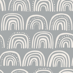 Hand drawn doodle rainbows pattern, neutral tones graphics, gray wallpaper. Cute decor illustration for kids, posters, cards, nursery, apparel, scrapbooking.