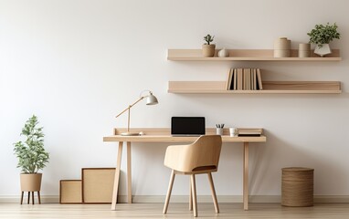 Scandinavian wooden home office with desk, chair, and shelf