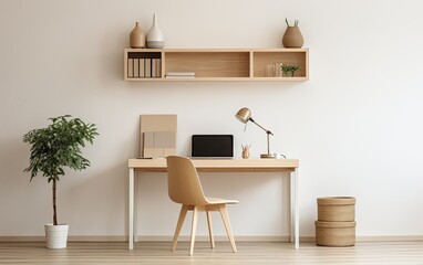 Scandinavian wooden home office with desk, chair, and shelf
