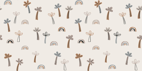 African doodle palms trees and rainbows, nature seamless wallpaper. Cute childish pattern for stationery, posters, cards, nursery, apparel, scrapbooking.